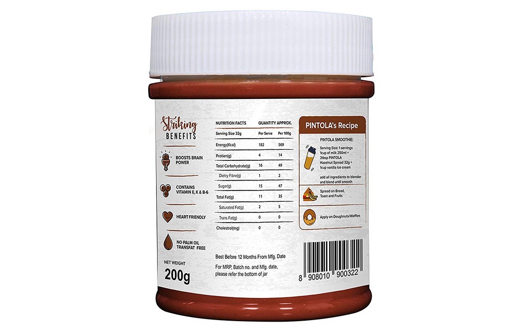 Pintola Hazelnut Cocoa Spread    Jar  200 grams